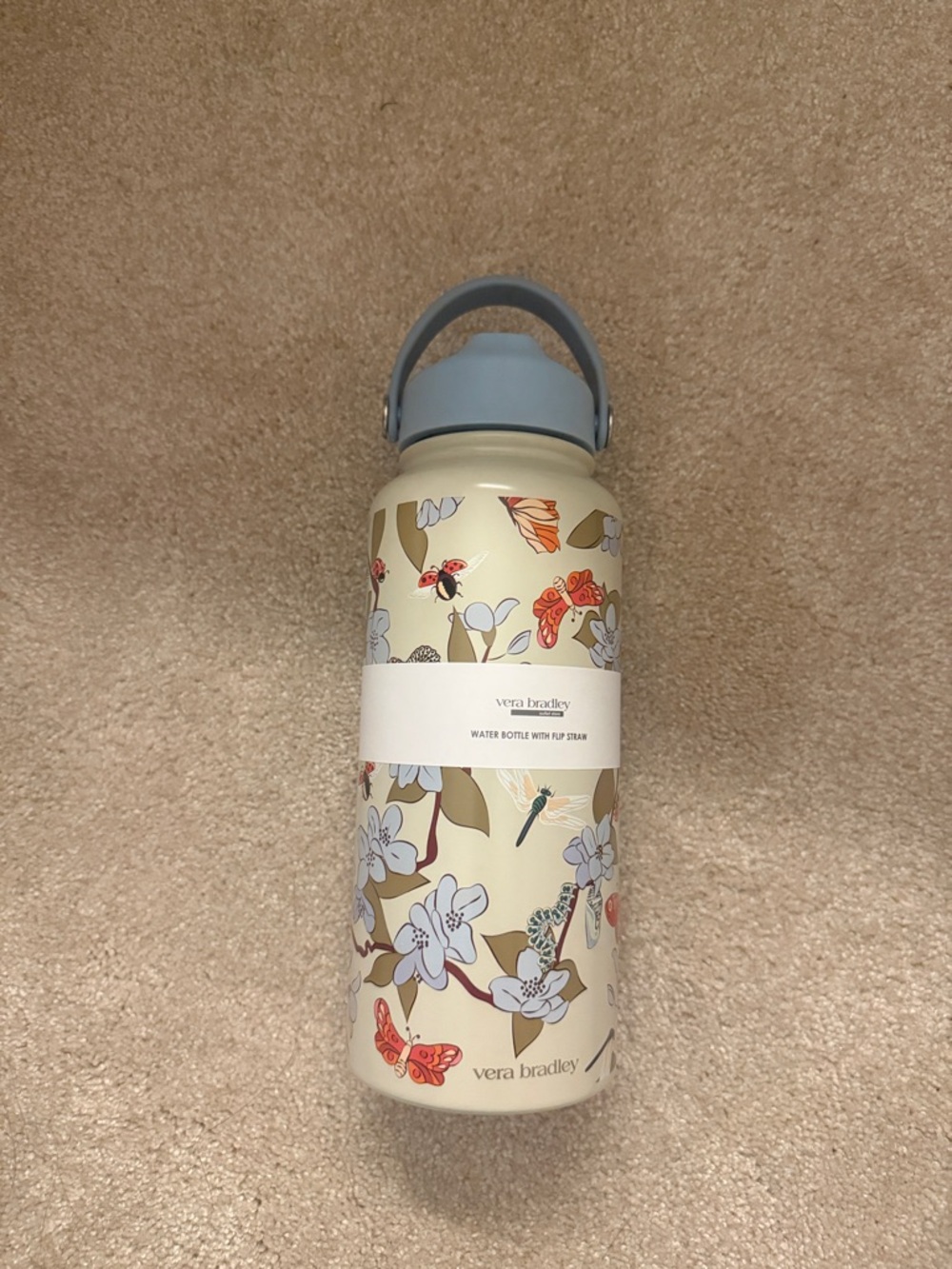 Vera Bradley Cream Floral Stainless Water Bottle with Blue Lid brand new